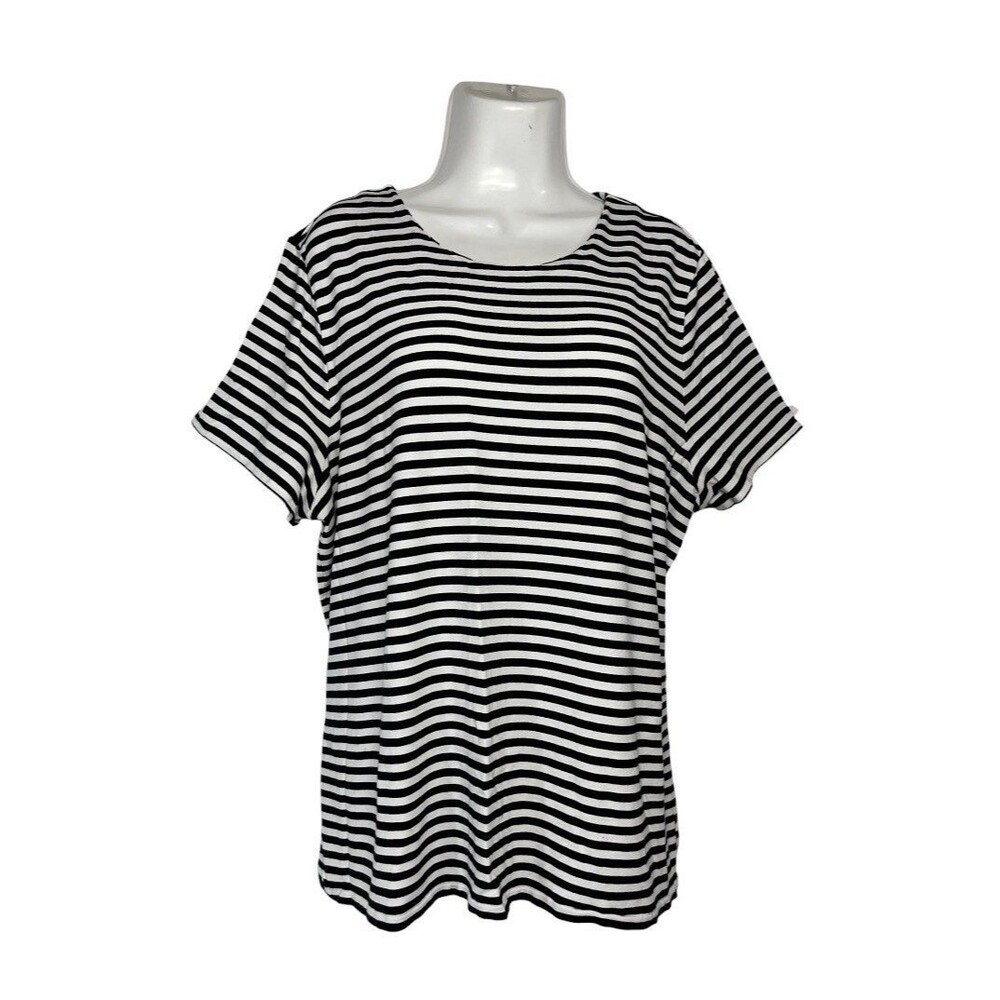 Talbots Woman 2X Striped Top Black White Short Sleeve Nautical Knit Back Zipper